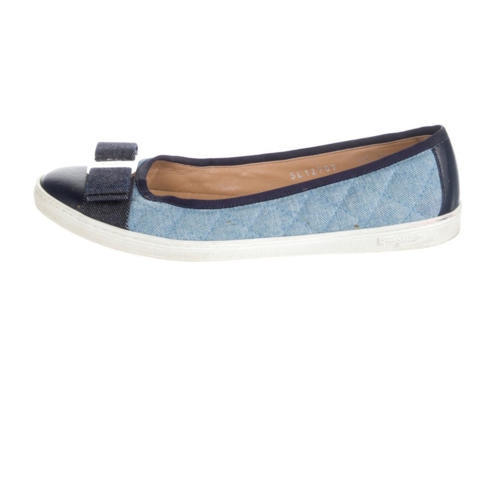 Salvatore Ferragamo Denim Blue Quilted Bow Slip-On Flat